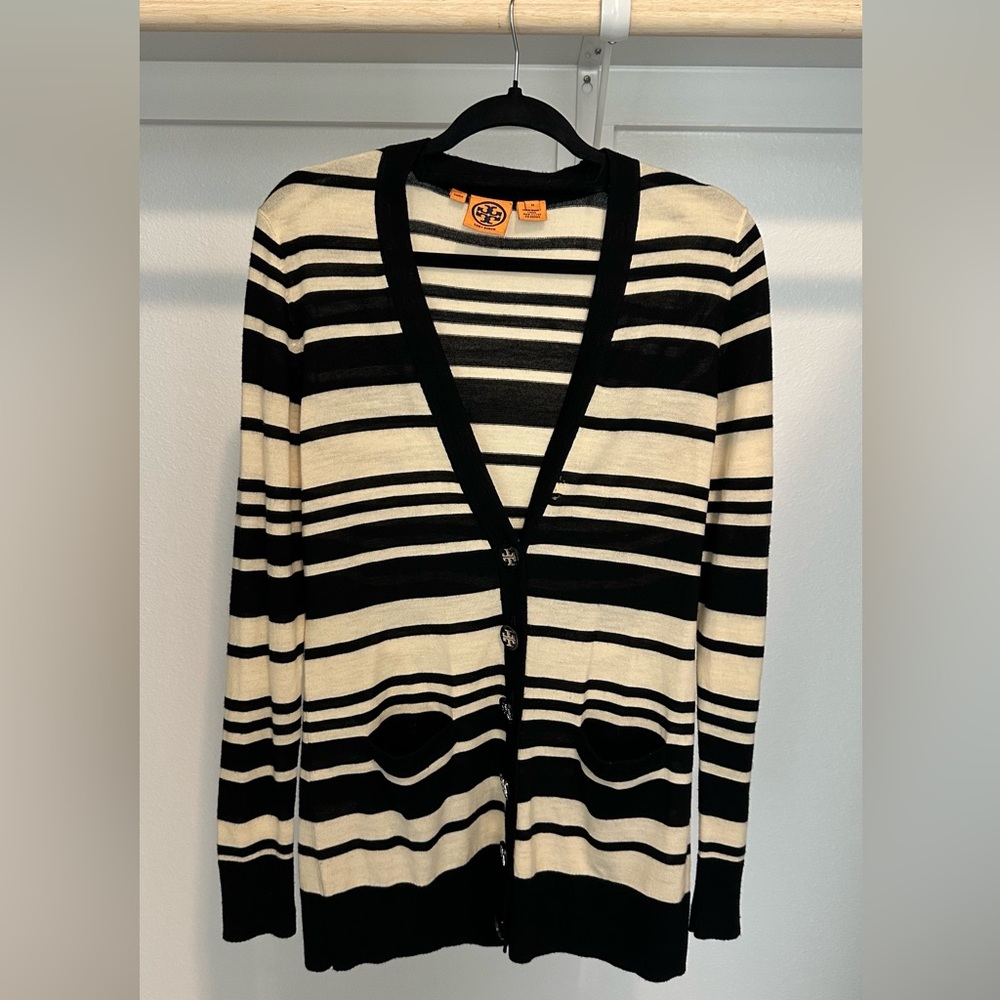 TORY BURCH Striped Plunge Neckline Cardigan Sweater 100% Wool Womens Medium